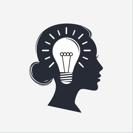 A minimalist silhouette of a woman's profile, where a glowing lightbulb symbolizes a sudden spark of creativity.のイラスト素材