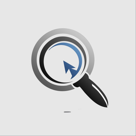 A modern and sleek logo design featuring a magnifying glass with a dynamic blue cursor arrow inside.のイラスト素材