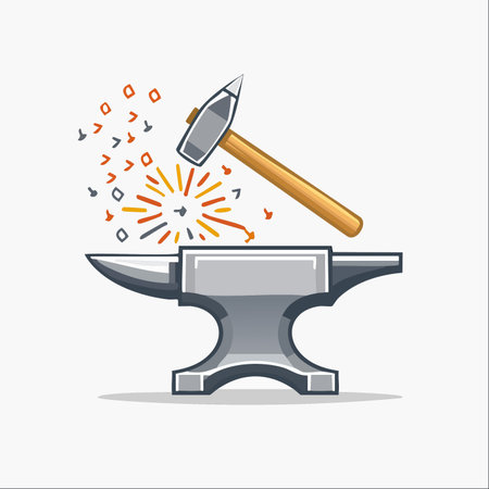 A powerful hammer strikes a solid anvil, sending a shower of bright sparks flying. This dynamic vector illustration captures the essence of creation, hard work, and skilled craftsmanship.のイラスト素材