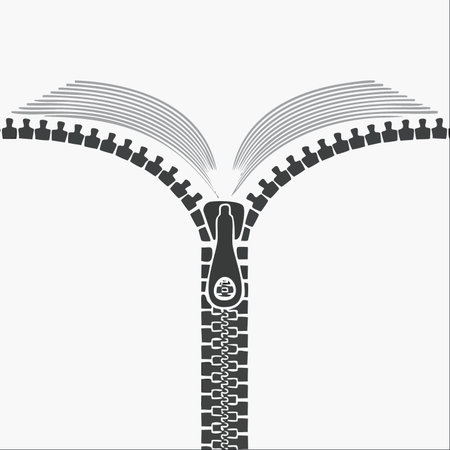 A symbolic illustration where a zipper, with teeth shaped like people, unzips to reveal the pages of an open book.のイラスト素材