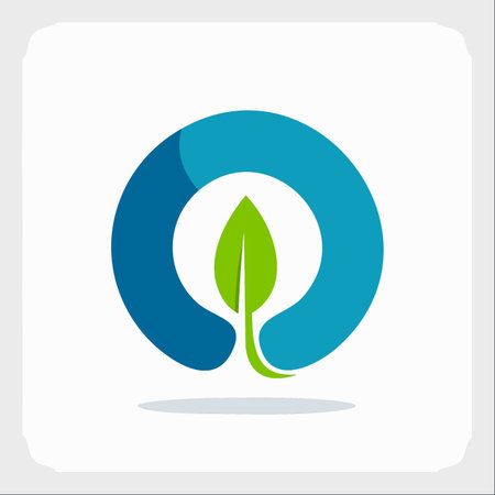 A modern and clean logo design featuring a vibrant green leaf sprouting within a blue circular frame.のイラスト素材