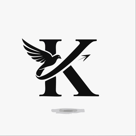 A sophisticated black and white monogram featuring the letter K, gracefully intertwined with a flying dove symbolizing peace and freedom.のイラスト素材