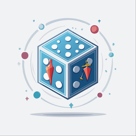 A cosmic die, an artifact of fate and chance, floats in a celestial void. Its orbital rings and planetary companions suggest its power to influence not just a game, but entire worlds.のイラスト素材