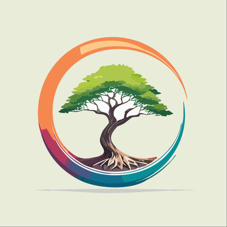 A stylized illustration of a robust tree with deep roots and a vibrant canopy, encircled by a dynamic, colorful swoosh.のイラスト素材
