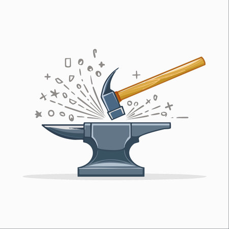 A powerful hammer strikes a solid anvil, sending stylized sparks flying.のイラスト素材