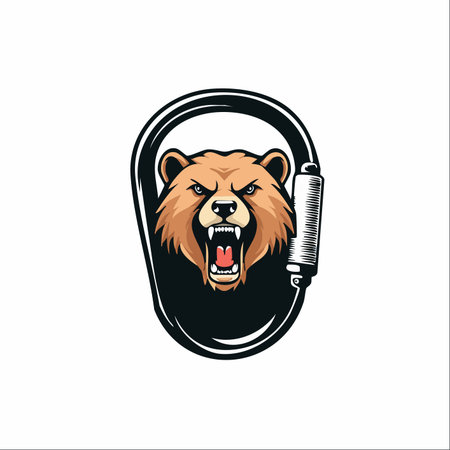 Embodying the untamed spirit of the wild and the thrill of the climb, this powerful roaring grizzly bear mascot is framed within a sturdy carabiner.のイラスト素材