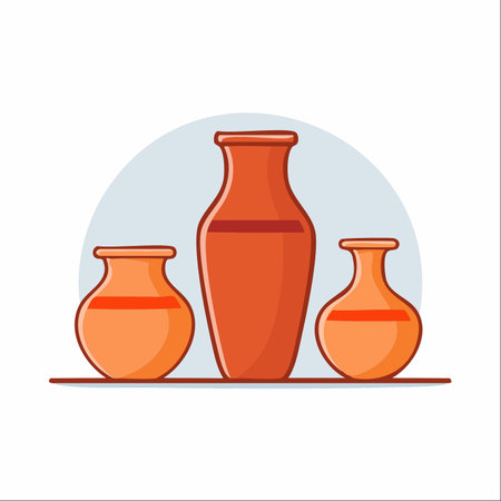 A collection of three distinct terracotta pots sits on a shelf, showcasing the timeless beauty of handmade ceramics.のイラスト素材