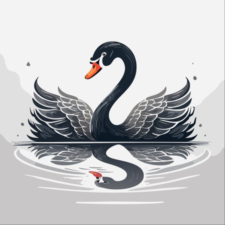 An elegant black swan glides gracefully across a calm, still lake, its perfect reflection mirroring its every move.のイラスト素材