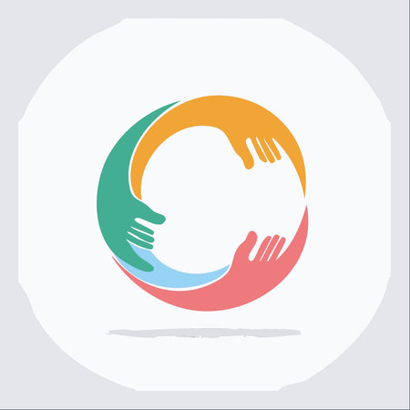 Four colorful hands come together in a continuous circle, representing a diverse community united for a common cause.のイラスト素材
