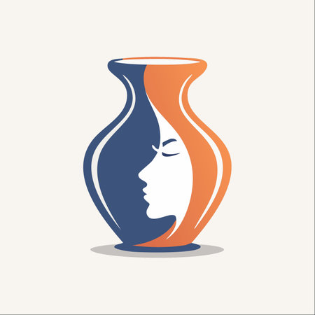 A minimalist and elegant illustration showcasing an optical illusion. The graceful curves of a ceramic vase cleverly form the serene profile of a woman's face in negative space.のイラスト素材