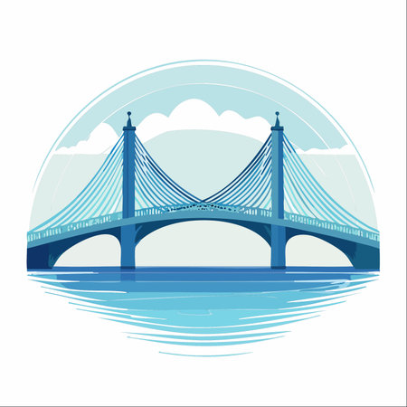 A clean, modern vector illustration of a majestic cable-stayed bridge, rendered in calming shades of blue.のイラスト素材