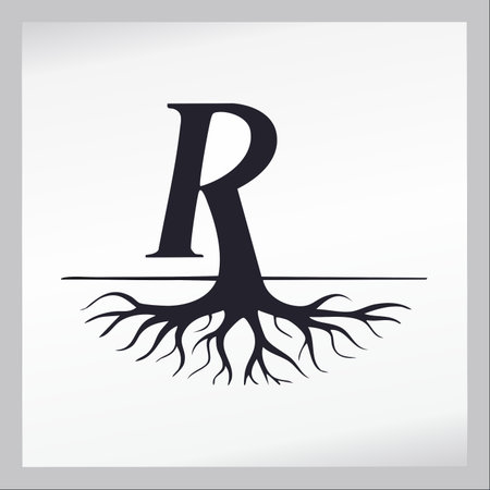 An elegant and symbolic graphic featuring the initial 'R' with a strong root system extending from its base.のイラスト素材