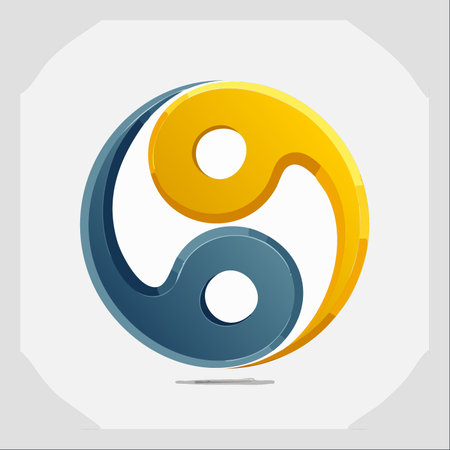 A modern, three-dimensional representation of the classic yin-yang symbol, rendered in glossy gold and cool blue tones.のイラスト素材