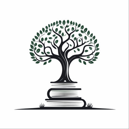 A vibrant tree of knowledge sprouts from a foundation of classic books, symbolizing the growth of wisdom and learning.のイラスト素材