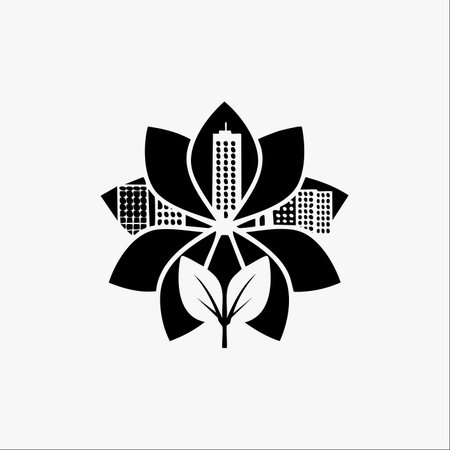 A stylized lotus flower blooms, revealing a modern cityscape within its petals. At its base, fresh leaves sprout, symbolizing the harmonious integration of urban development with nature.のイラスト素材