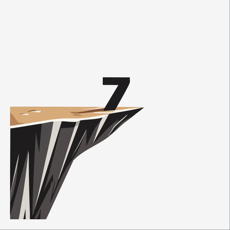 A bold number seven stands perilously close to the edge of a steep, rocky cliff. This minimalist...