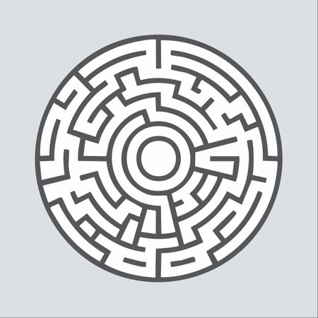 A clean, modern vector illustration of a circular maze, symbolizing the complex journey towards a solution.のイラスト素材