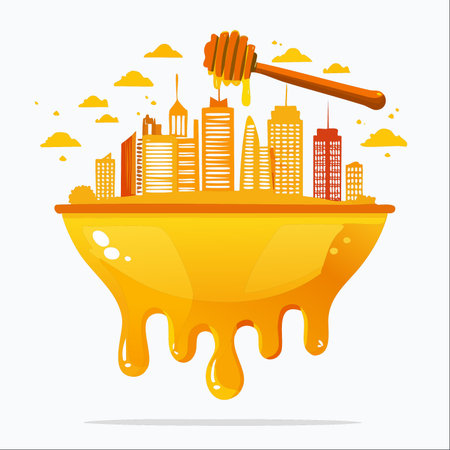 A whimsical vector illustration of a modern city skyline resting on a foundation of golden, dripping honey. A honey dipper hovers above, adding a touch of sweetness to the urban landscape.のイラスト素材