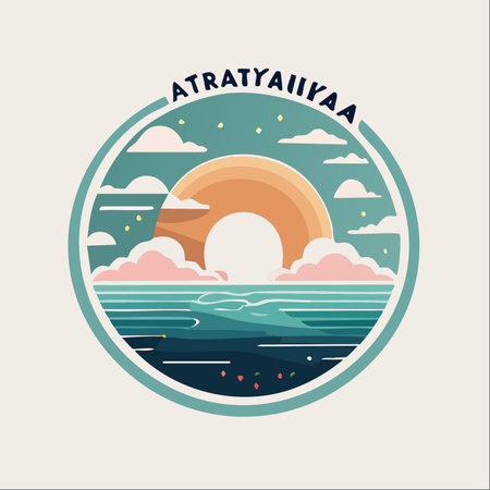 A tranquil seascape captured within a circular emblem. The warm sun dips below the horizon, casting a gentle glow on the calm ocean waves and soft pink clouds.のイラスト素材
