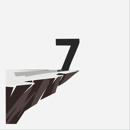 A minimalist vector illustration depicting the number 7 standing precariously on the edge of a cliff.のイラスト素材
