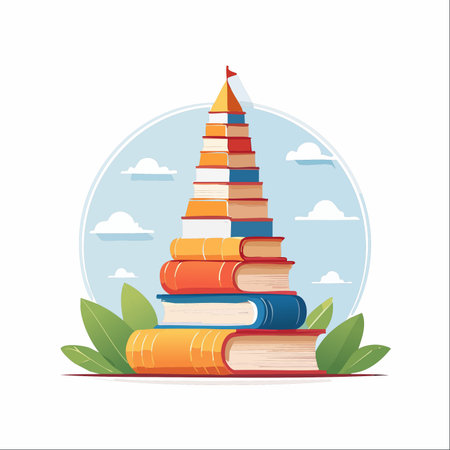 A towering stack of books reaches for the sky, symbolizing the journey of learning and the path to achieving one's goals.のイラスト素材