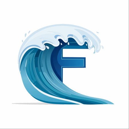 A powerful ocean wave crests and curls around the bold letter F, symbolizing force, flow, and a deep connection to nature.のイラスト素材