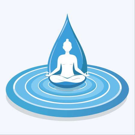 A serene silhouette finds perfect balance and inner peace while meditating in the lotus position, encapsulated within a pure drop of water.のイラスト素材