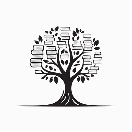 A powerful symbol of intellectual growth, this illustration depicts a sturdy tree with branches laden with books instead of leaves.のイラスト素材