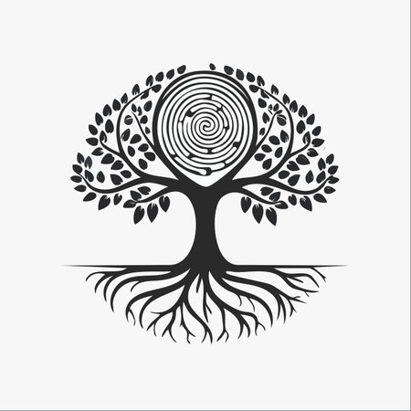 A powerful black and white illustration of the Tree of Life, where the leafy canopy forms a complex labyrinth.のイラスト素材