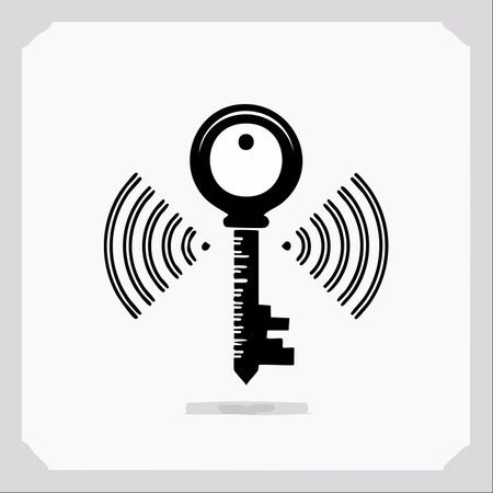 A vector illustration of a smart key emitting a wireless signal, symbolizing modern digital security, remote access, and the internet of things.のイラスト素材