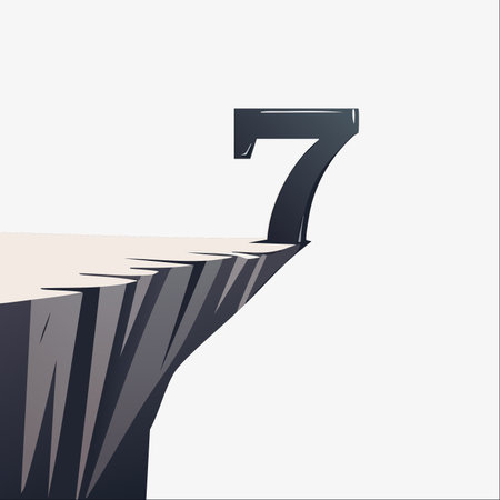 A bold number seven stands precariously at the edge of a jagged cliff, symbolizing a critical turning point, a final challenge, or a risky decision.のイラスト素材