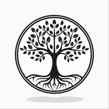 A powerful black and white illustration of the Tree of Life, enclosed within a perfect circle.のイラスト素材