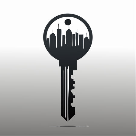 A creative and symbolic illustration of a key holding the silhouette of a bustling city skyline.のイラスト素材