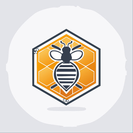 A modern and clean graphic of a bee centered within a hexagonal honeycomb frame.のイラスト素材