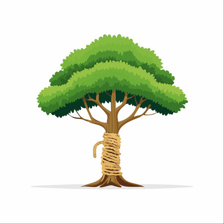 A solitary tree stands firm, its trunk tightly bound by a thick rope. This vector illustration can symbolize various concepts, from strength and support to restriction and environmental challenges.のイラスト素材