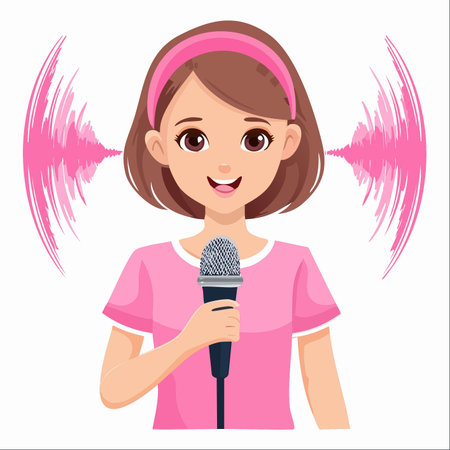 A confident and happy young girl takes the stage, holding a microphone and singing her heart out. Pink sound waves emanate from her, visualizing the power and beauty of her voice.のイラスト素材