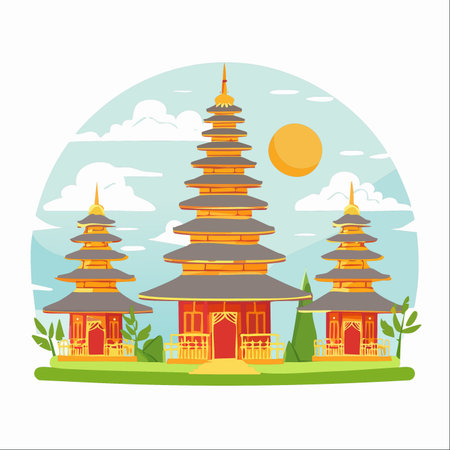 An idyllic vector illustration captures the spiritual essence of Bali, featuring traditional Hindu Pura temples with their iconic tiered roofs set against a sunny, cloud-filled sky.のイラスト素材