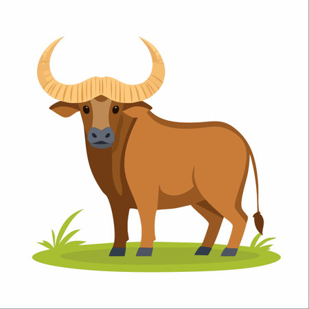 A charming vector illustration of a friendly brown buffalo standing peacefully on a patch of green grass.のイラスト素材