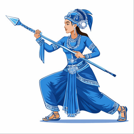 An illustration of a powerful ancient Indian warrior queen, poised in a dynamic battle stance.のイラスト素材