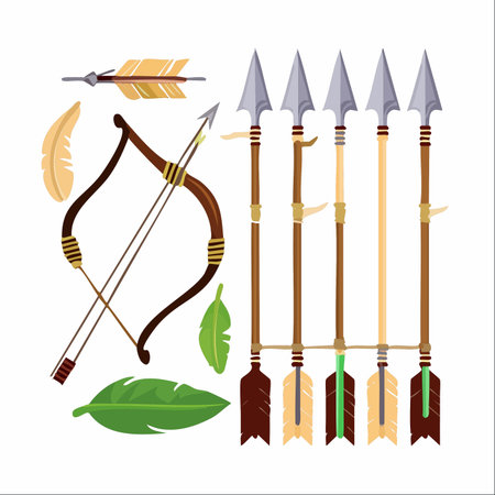 A collection of handcrafted ancient weapons lies ready for the hunt. A sturdy wooden bow with its arrows, alongside a set of sharp spears, speaks of survival, skill, and tradition in the wild.のイラスト素材