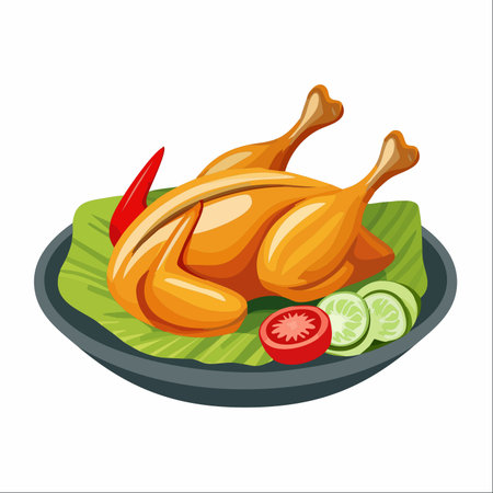A beautifully illustrated whole roasted chicken, golden-brown and savory, served on a traditional banana leaf.のイラスト素材