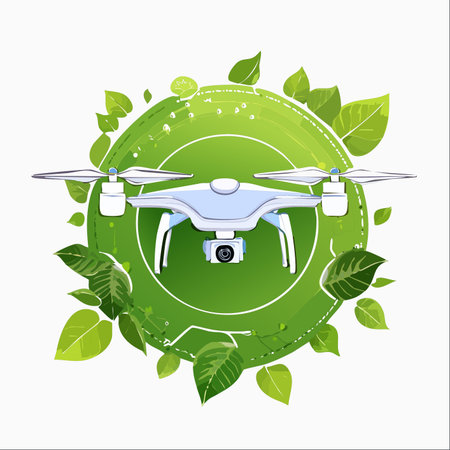 A modern quadcopter drone symbolizes the future of sustainable technology, flying against a backdrop of green leaves and circuitry.のイラスト素材