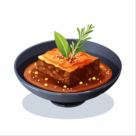 A beautifully presented portion of a hearty, savory casserole sits in a rich sauce, ready to be enjoyed.のイラスト素材