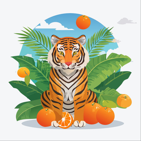 A majestic tiger sits calmly amidst a lush jungle of tropical leaves. Surrounded by vibrant, ripe oranges, this powerful predator embodies strength and serenity in a colorful, natural paradise.のイラスト素材