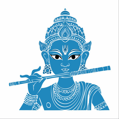 An elegant blue illustration of Lord Krishna, the Hindu deity of love and compassion, playing his divine flute, the bansuri.のイラスト素材