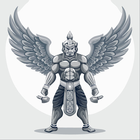 A powerful and ancient stone guardian stands resolute, its mighty wings spread wide.のイラスト素材