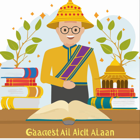 An illustration of a wise Asian scholar in traditional attire, surrounded by books and symbols of growth.のイラスト素材
