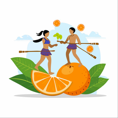 A whimsical illustration of a man and woman embarking on a surreal adventure, balancing skillfully on giant oranges.のイラスト素材