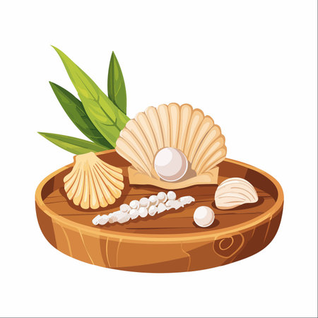 A serene composition featuring lustrous pearls and delicate seashells arranged on a rustic wooden tray.のイラスト素材