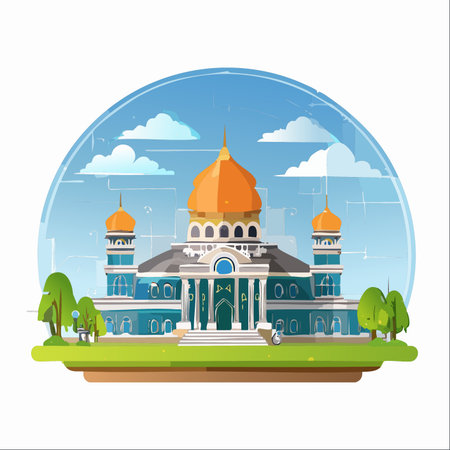 A beautifully stylized illustration of a grand mosque with a striking golden dome, set against a clear blue sky.のイラスト素材